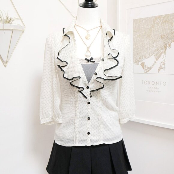 White & Black Ruffle Collar Blouse ♟️ CECIL MCBEE - Picture 1 of 8